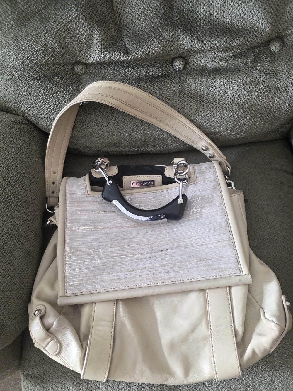 CC Skye Cream Leather & Canvas Shoulder Bag with Black Handle Accent